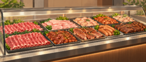 数種類の生肉をトレーに並べたビュッフェカウンターのイラスト（AI生成）
