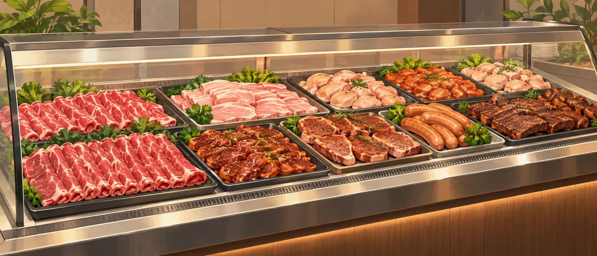 数種類の生肉をトレーに並べたビュッフェカウンターのイラスト（AI生成）