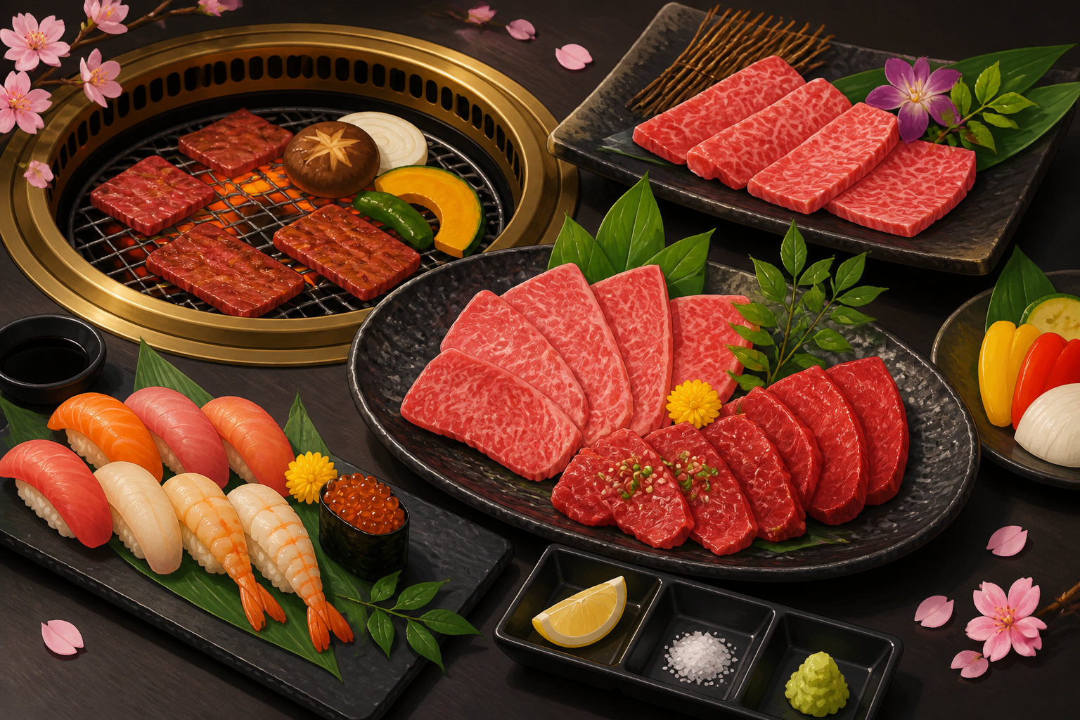 焼肉用の肉、野菜、寿司とロースターを並べた食卓のイラスト（AI生成）