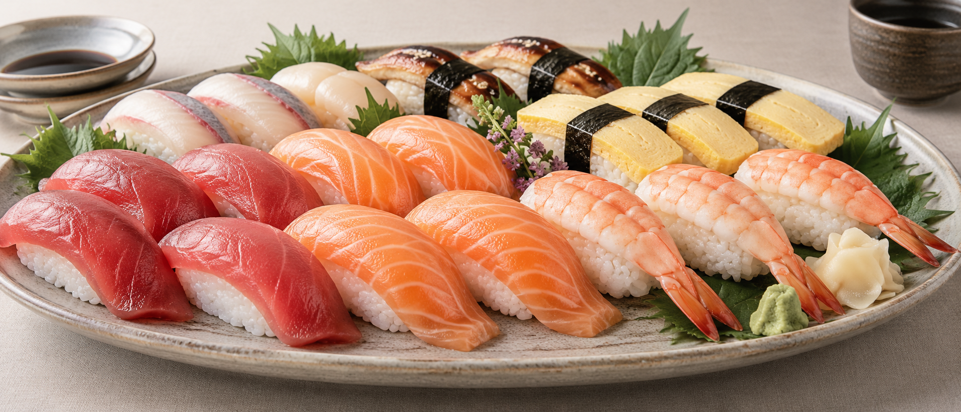 魚介や玉子の握り寿司を盛り合わせた汎用の食卓イメージ（AI生成）