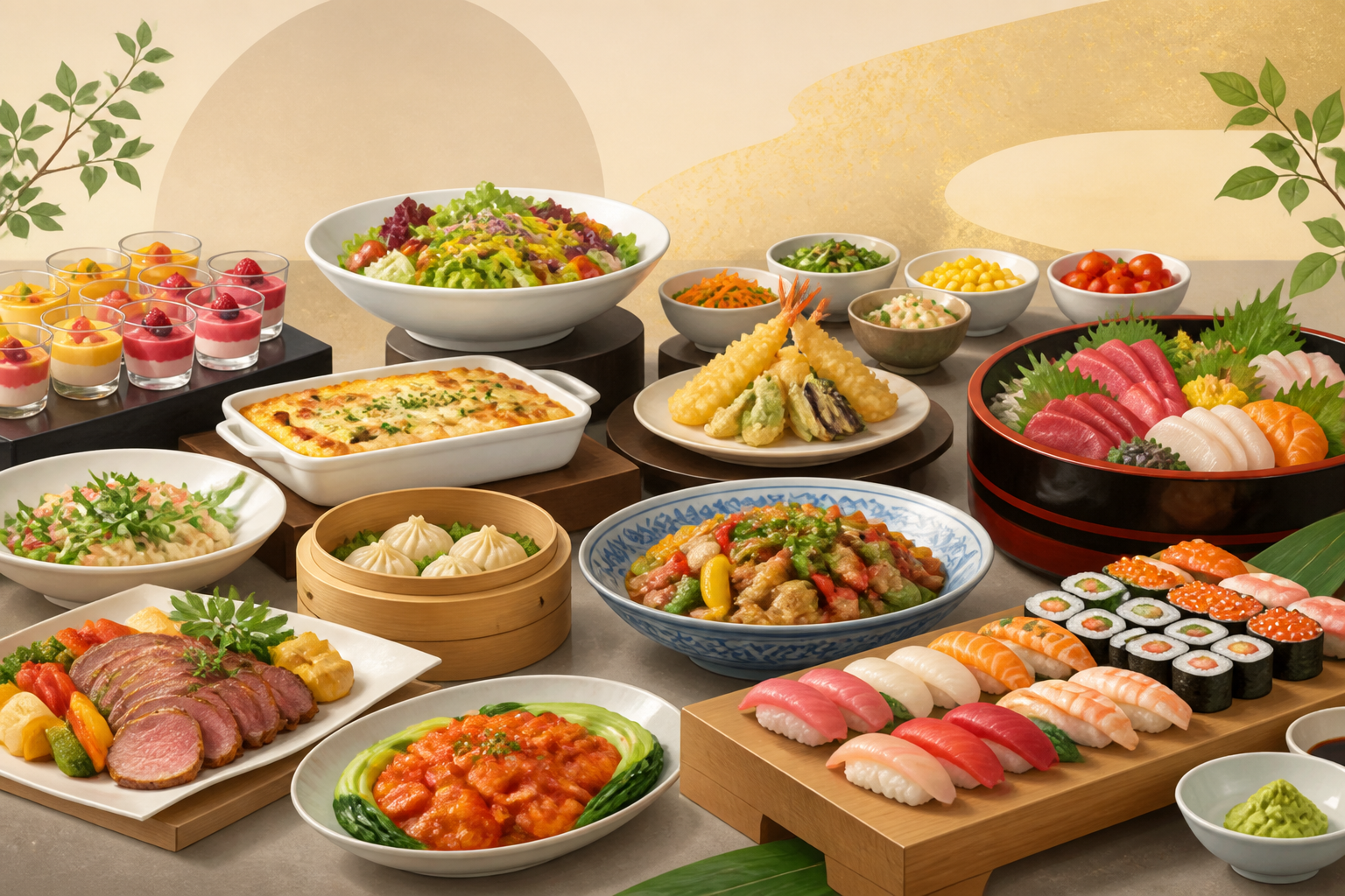 寿司や洋食、中華、デザートを並べた汎用のブッフェイメージ(AI生成)