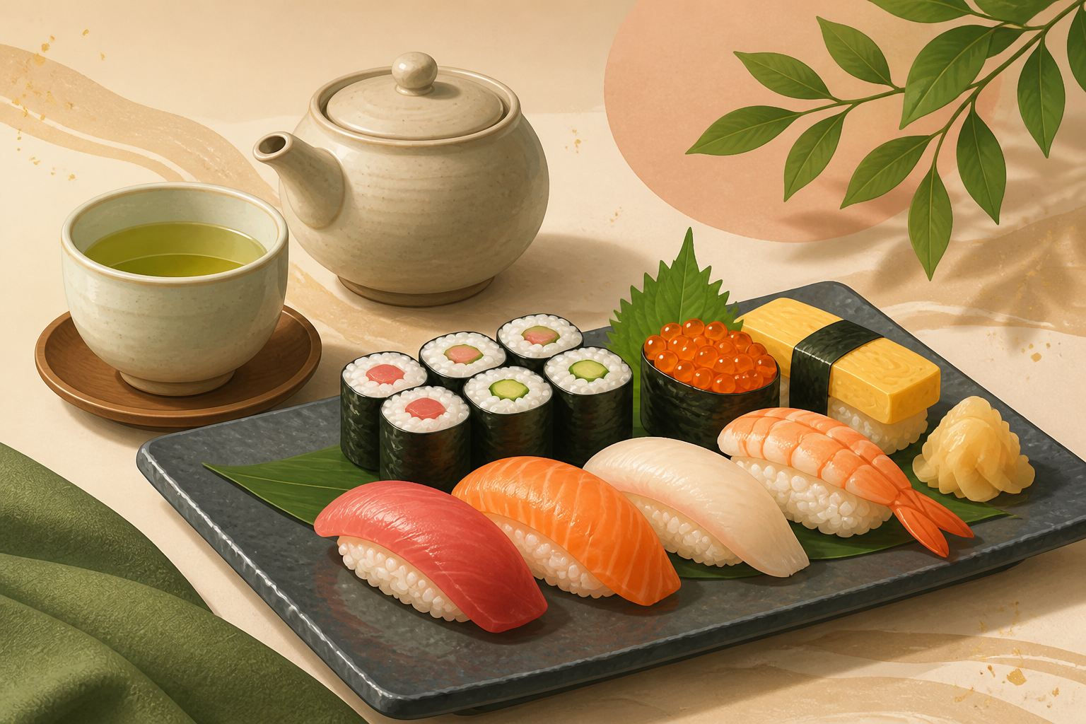握り寿司と巻き物、茶器を並べた汎用の食卓イメージ(AI生成)