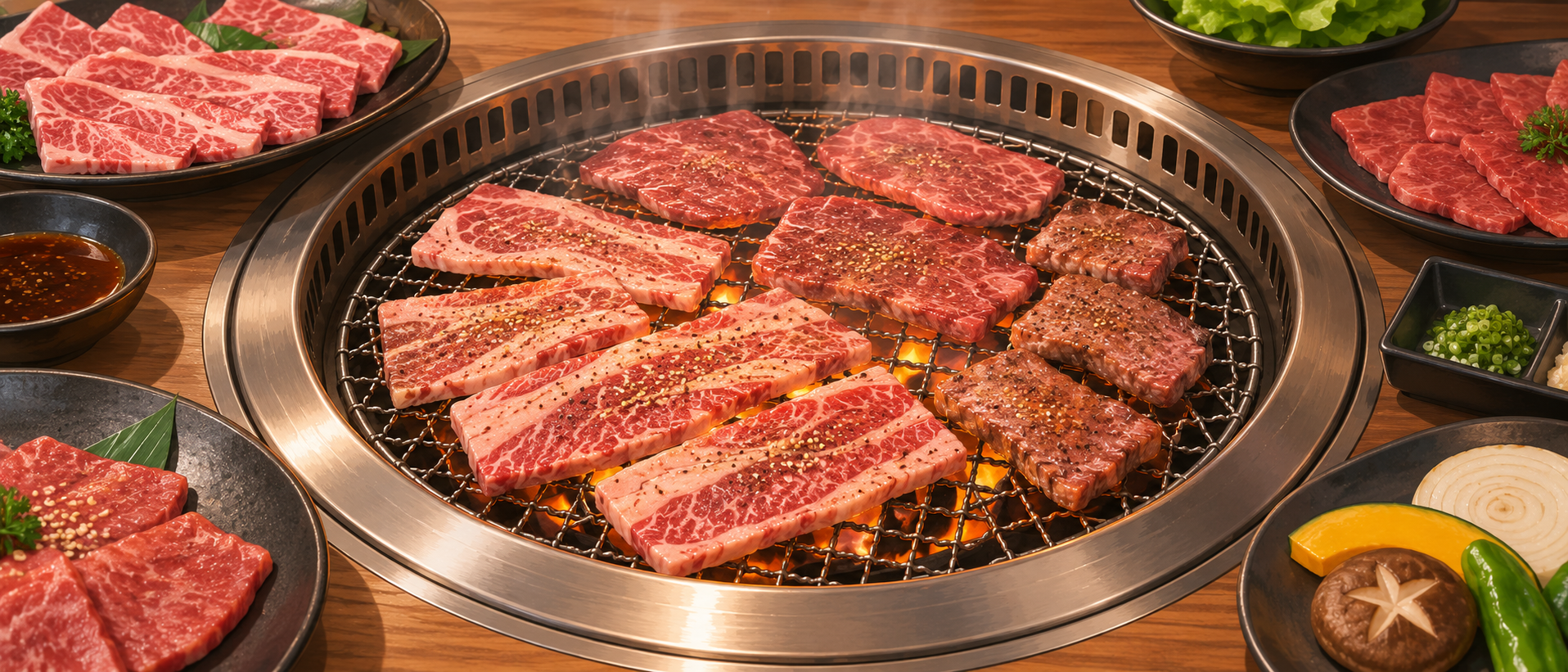 網の上で焼かれている牛肉と周囲の肉皿・野菜の汎用イメージ（AI生成）