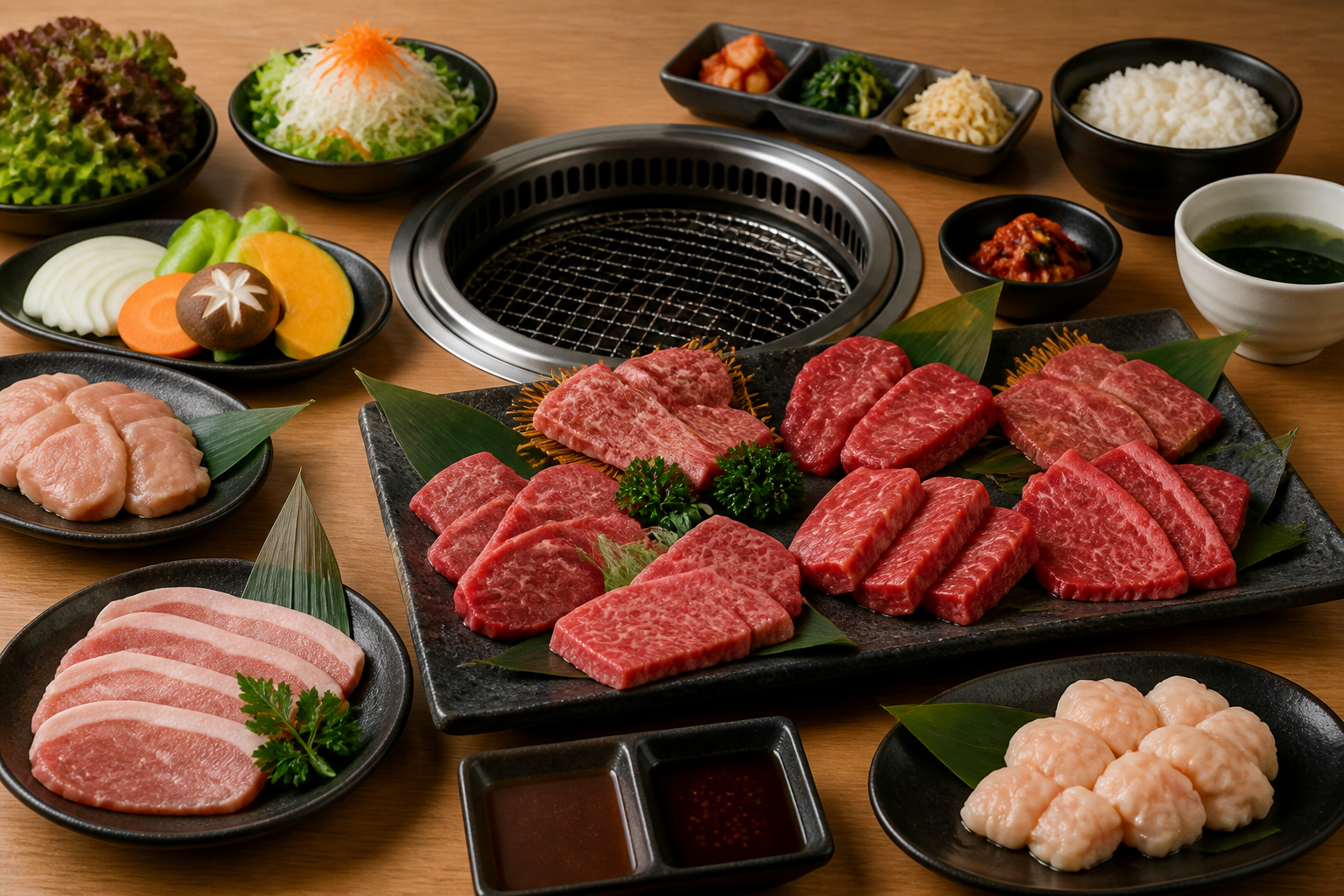 焼肉用の生肉と野菜、ごはん、スープを並べたテーブルの汎用イメージ（AI生成）