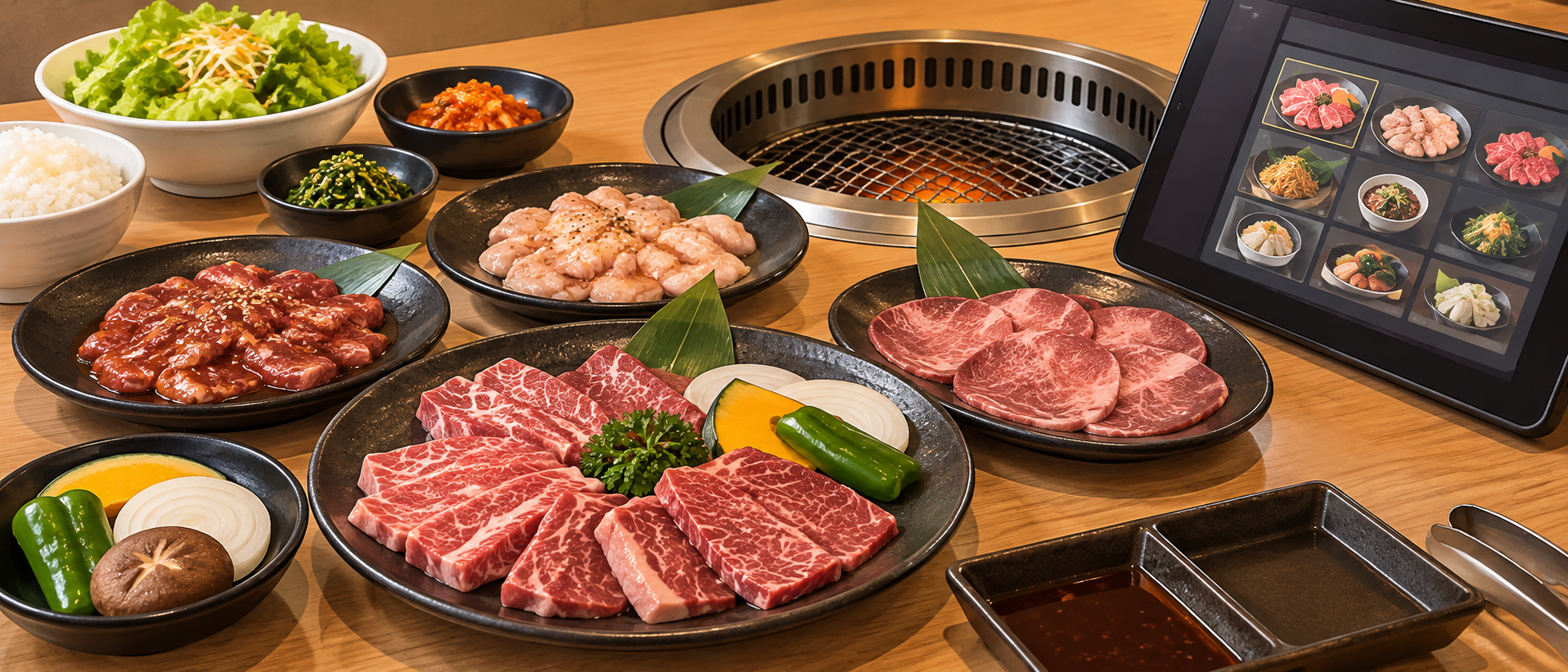 焼肉用の肉とサラダ、ご飯、網と料理画像を表示した端末を並べた食事の汎用イメージ（AI生成）