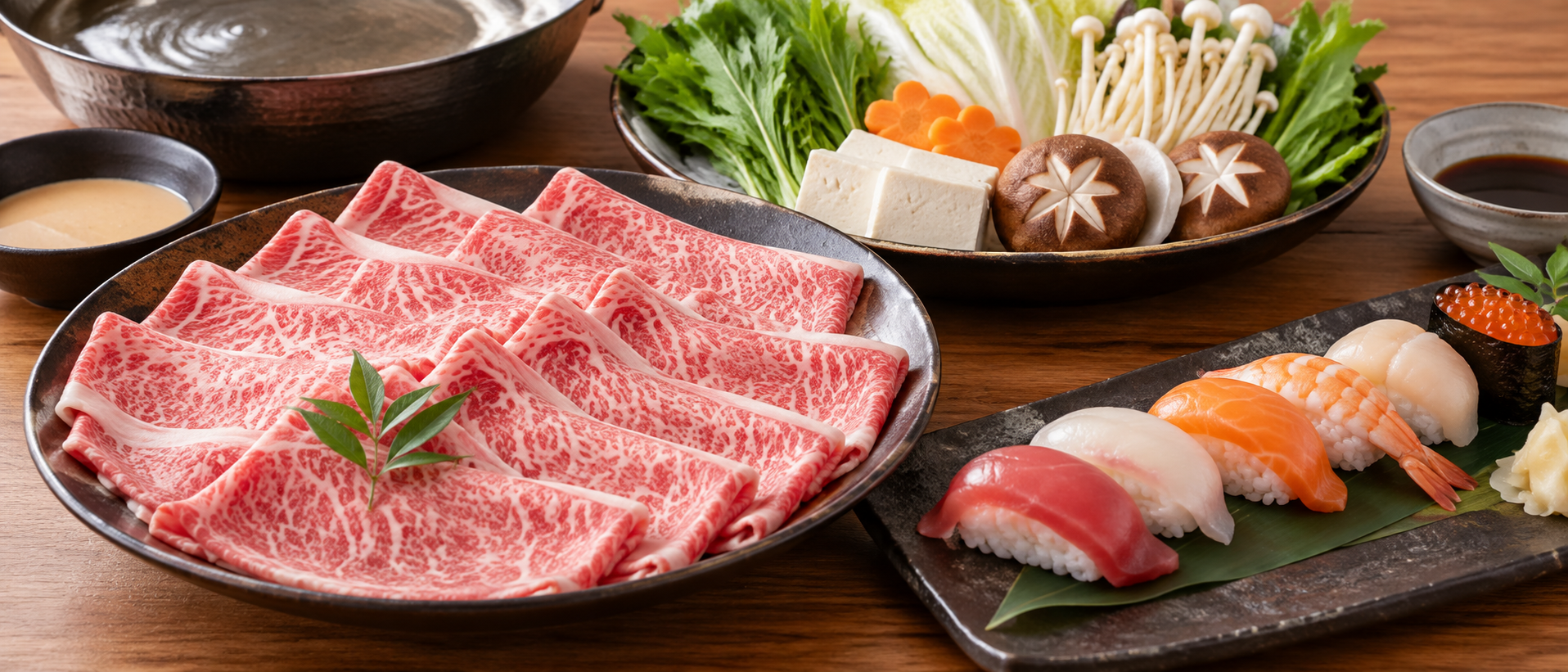 しゃぶしゃぶ用の牛肉と野菜、豆腐、きのこ、握り寿司を並べた汎用イメージ。実店舗や特定コースの料理写真ではない（AI生成）
