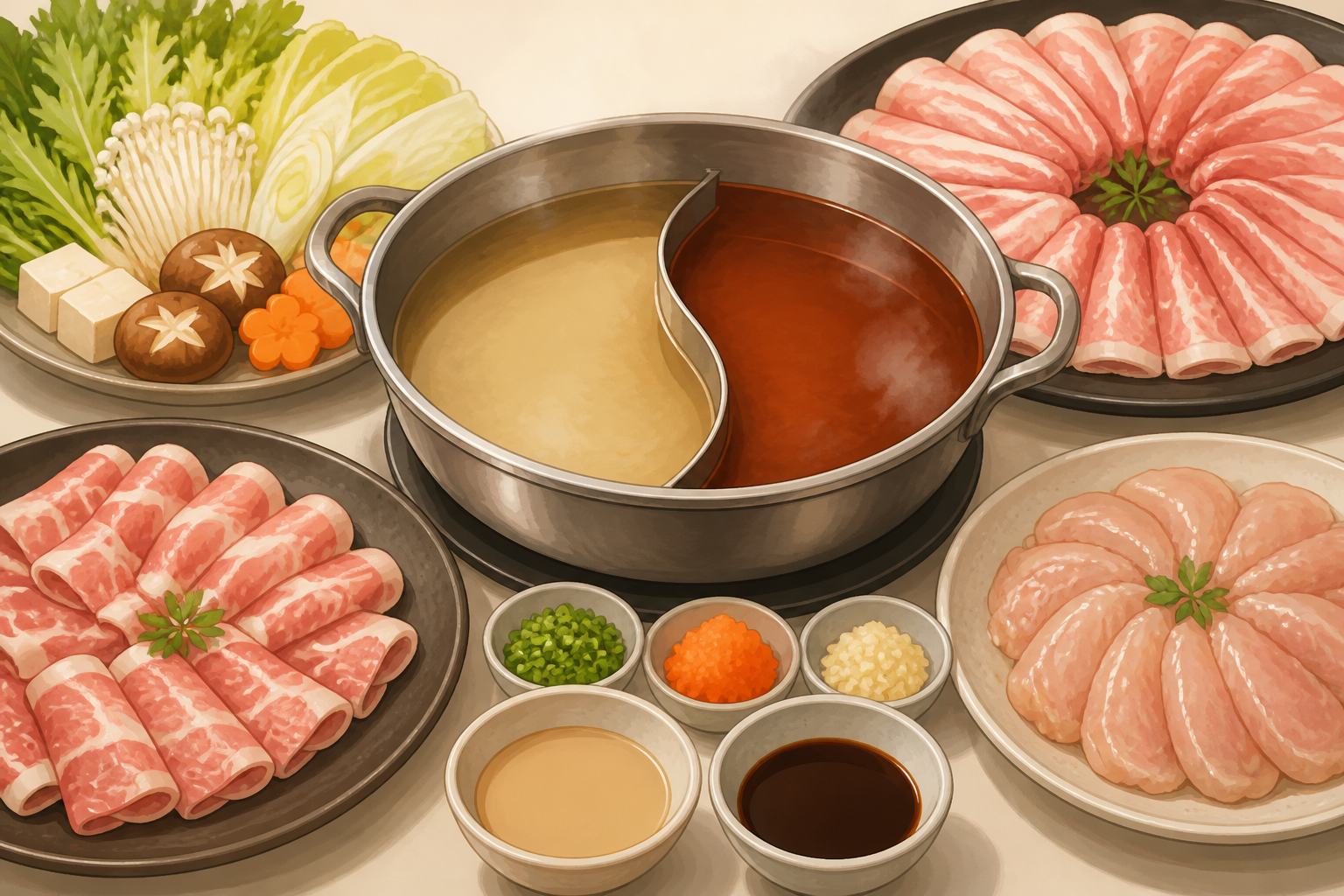 二種類のだしを入れた仕切り鍋と、肉、野菜、豆腐、きのこ、薬味を並べた汎用イメージ。実店舗で撮影した写真ではない（AI生成）