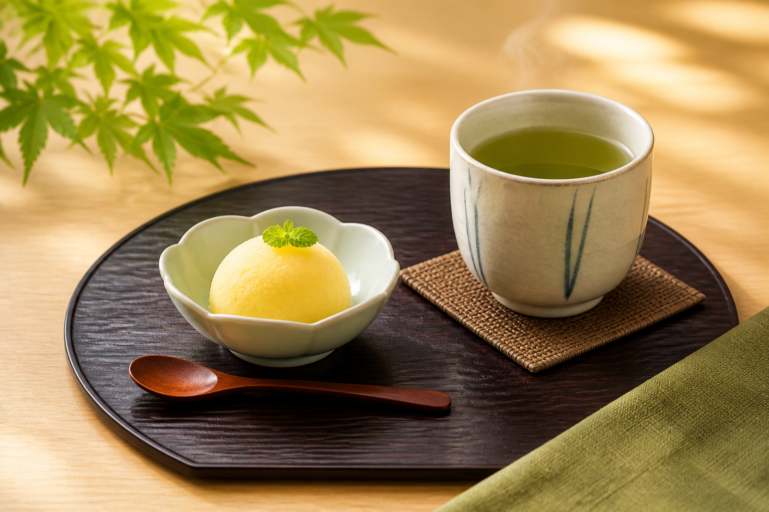 黄色いシャーベットと湯飲みを並べた汎用イメージ。ゆず庵の実際の甘味を撮影・再現した写真ではない（AI生成）