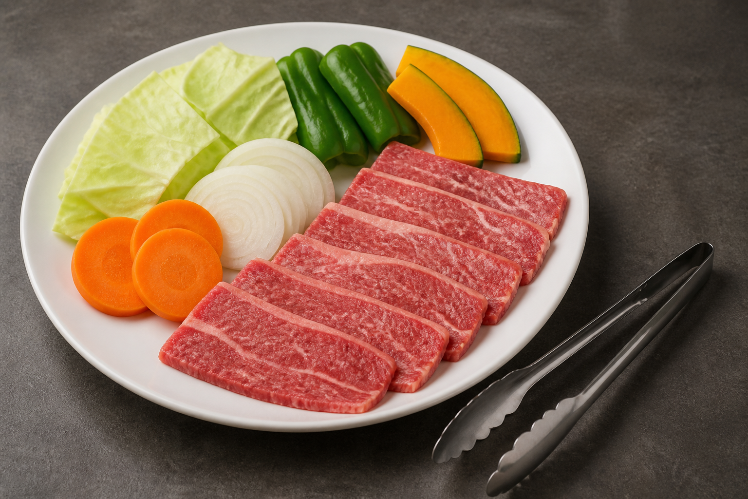 焼肉用の牛肉と野菜、トングの汎用イメージ（AI生成）