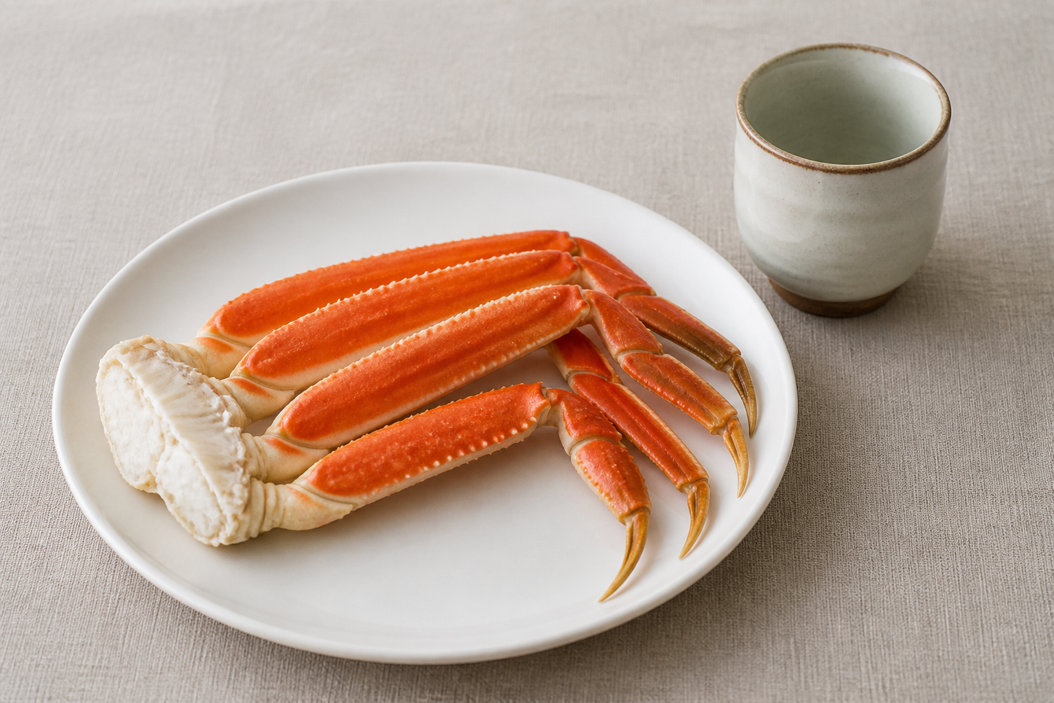 カニの盛り合わせと湯飲みを並べた食卓の汎用イメージ(AI生成)