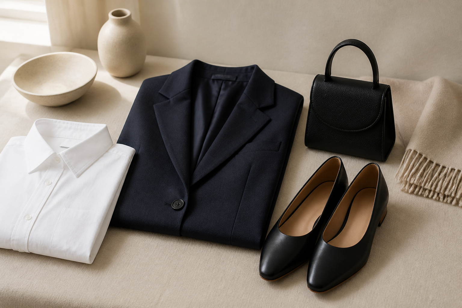 白いシャツ、紺のジャケット、黒い靴とバッグ、ベージュのストールを並べた服装準備の汎用イメージ（AI生成）