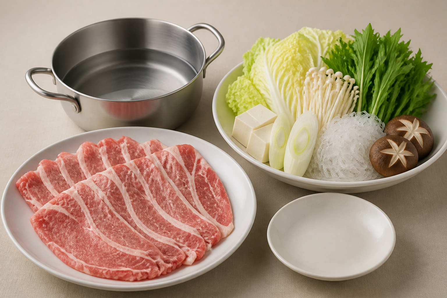 薄切りの豚肉と野菜、豆腐、きのこ、しらたき、空の小鍋を並べた汎用イメージ。特定コースの提供内容を再現した写真ではない（AI生成）