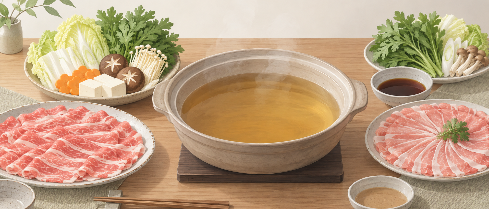 仕切りのない一種類の出汁の鍋と薄切り肉・野菜の汎用イメージ（AI生成）